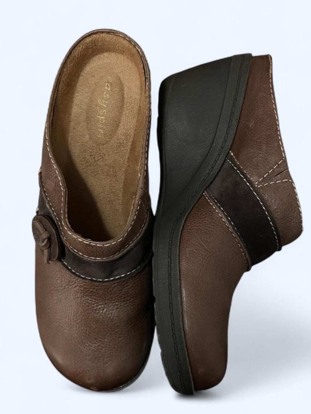 Easy Spirit Brown Leather Slip-On Clogs with Decorative Buckle